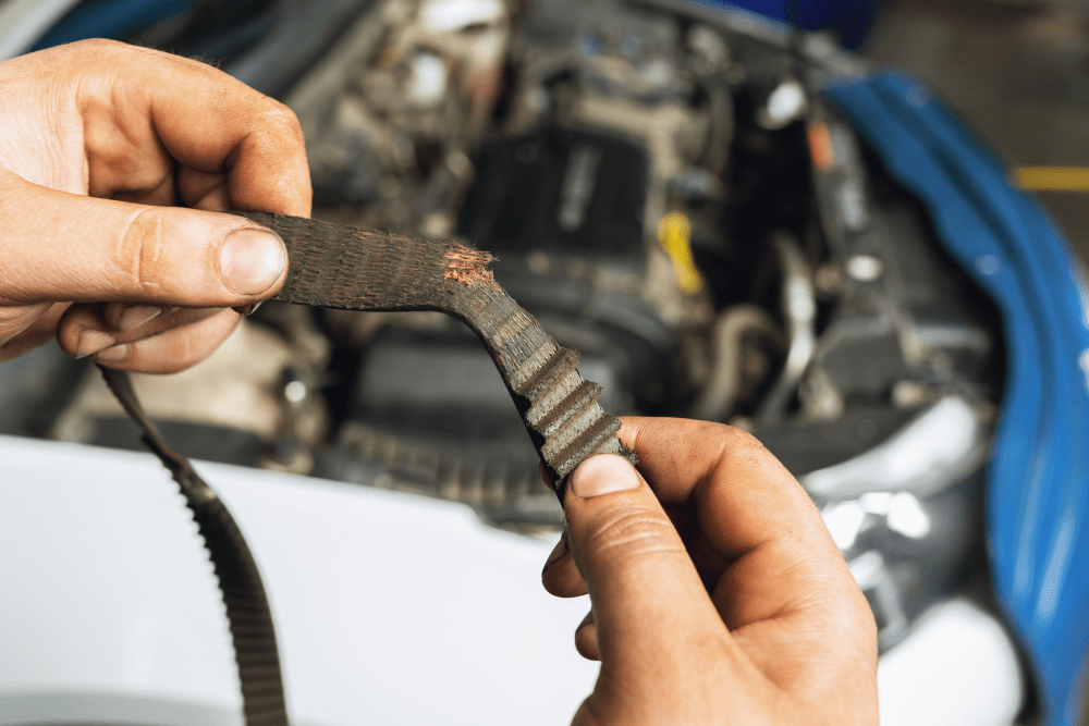 Timing belt replacement in Queen Creek, AZ by APA Total Car Care. Image showing a mechanic holding a worn, cracked timing belt in front of a vehicle engine, emphasizing the importance of timely belt replacement to prevent costly engine damage.